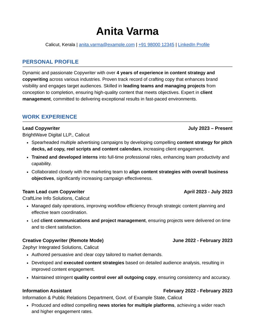 Anonymized copywriter resume sample