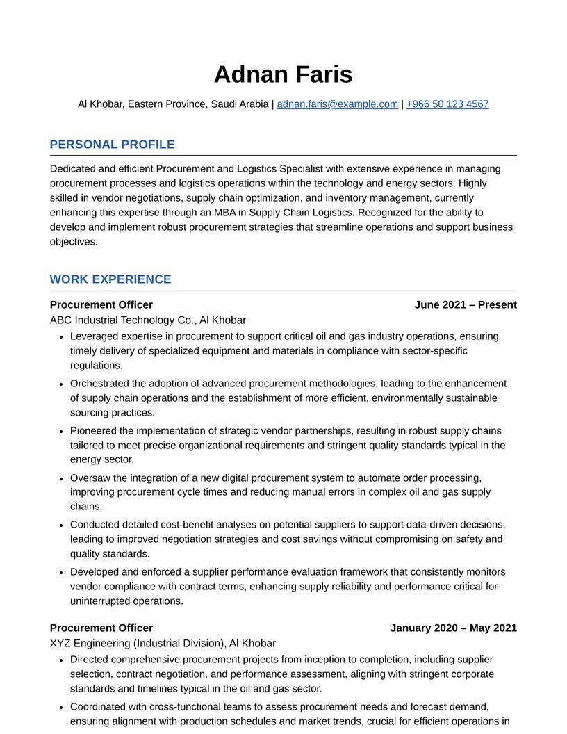 Anonymized procurement resume sample