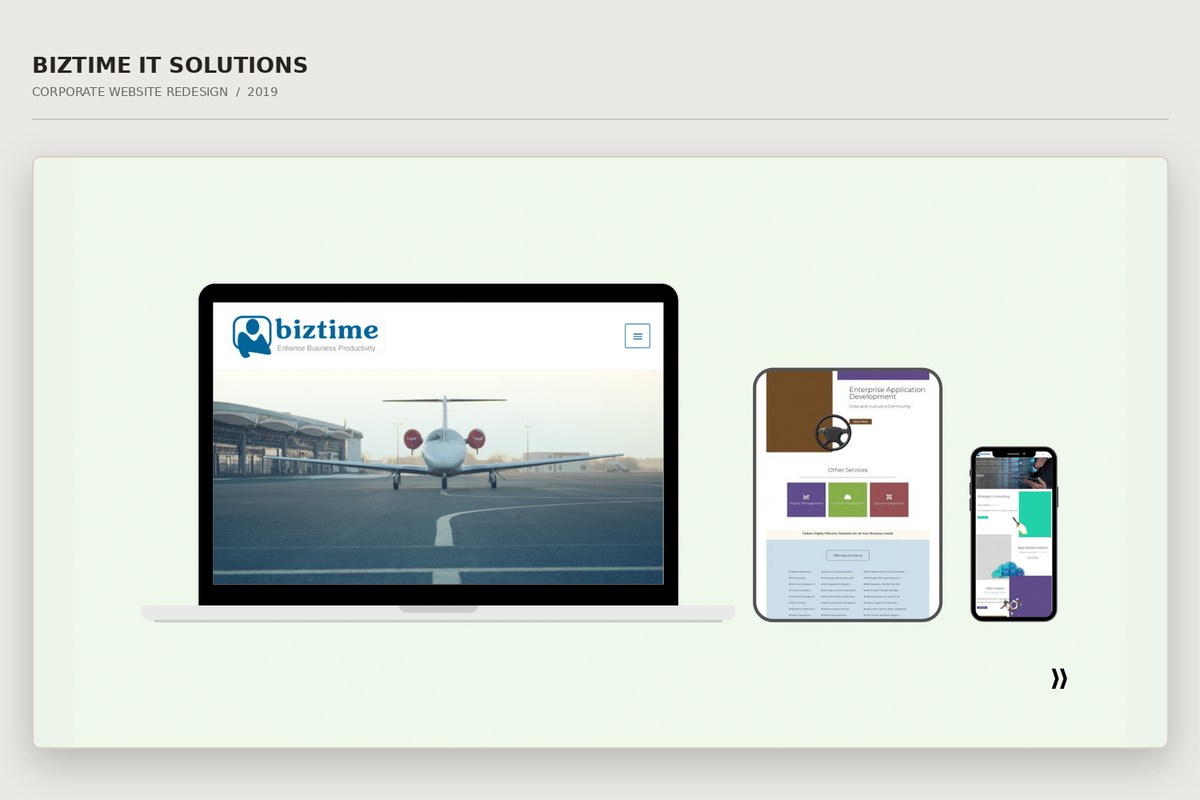 Biztime IT Solutions redesigned website shown across desktop, tablet and mobile devices