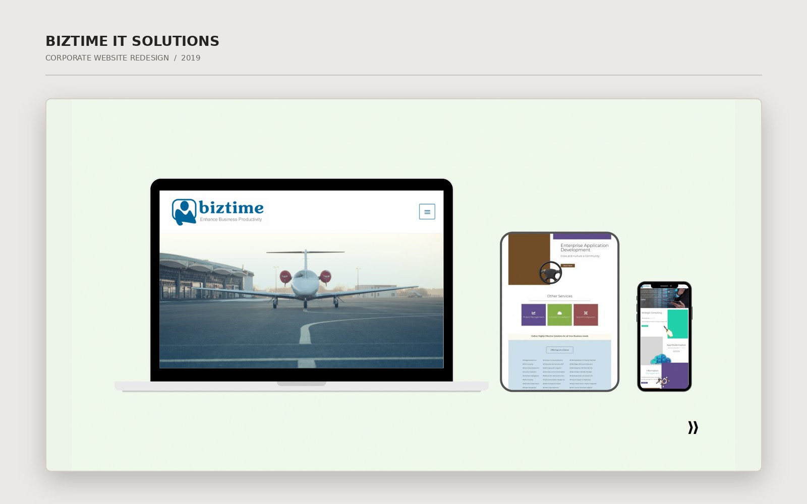 Biztime IT Solutions redesigned website shown across desktop, tablet and mobile devices