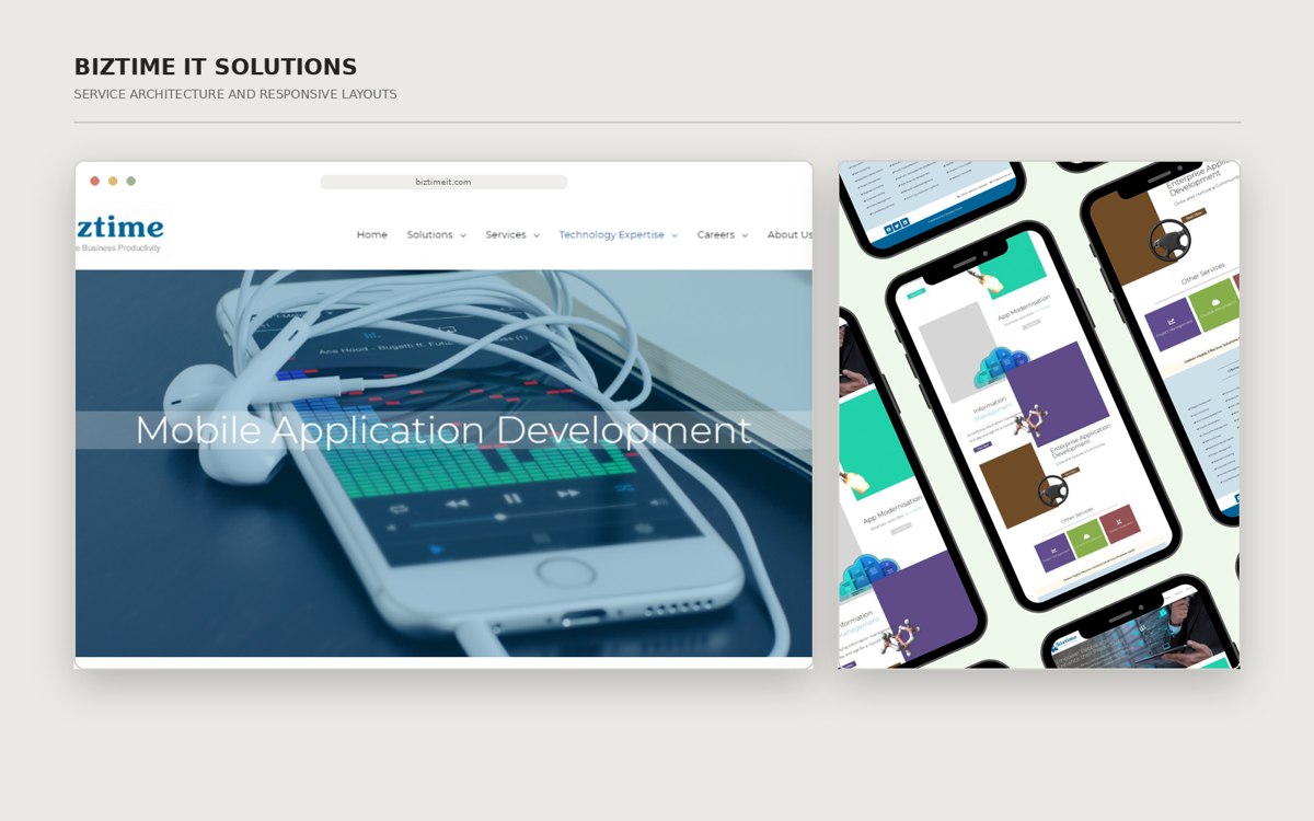 Biztime IT Solutions service page and mobile layout presented in clean frames