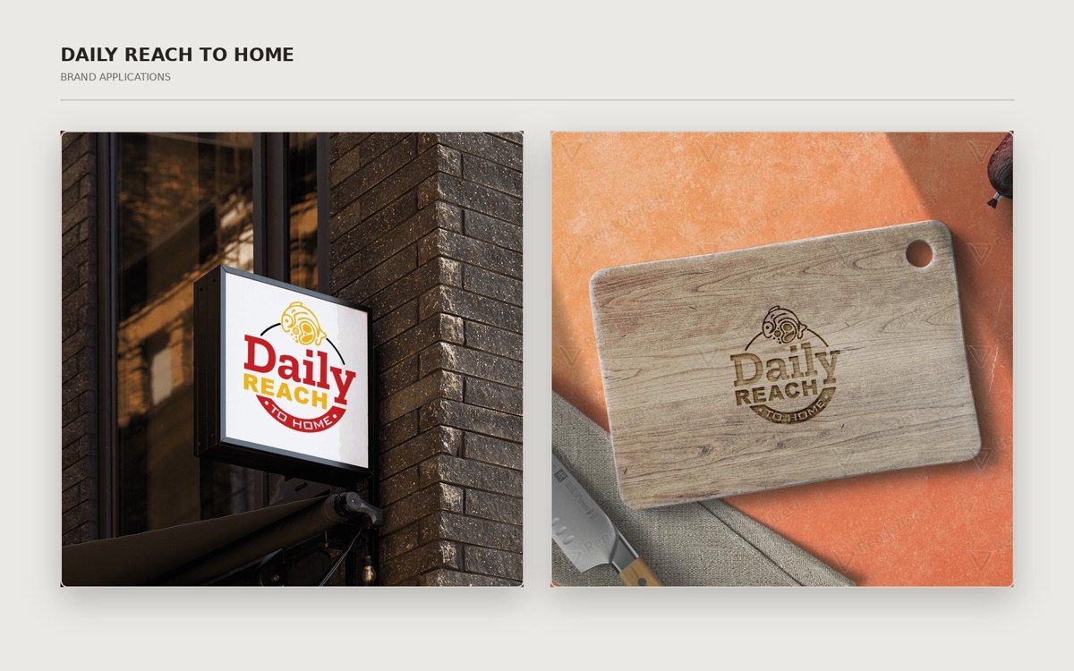 Daily Reach to Home identity on signage and cutting-board presentation mockups