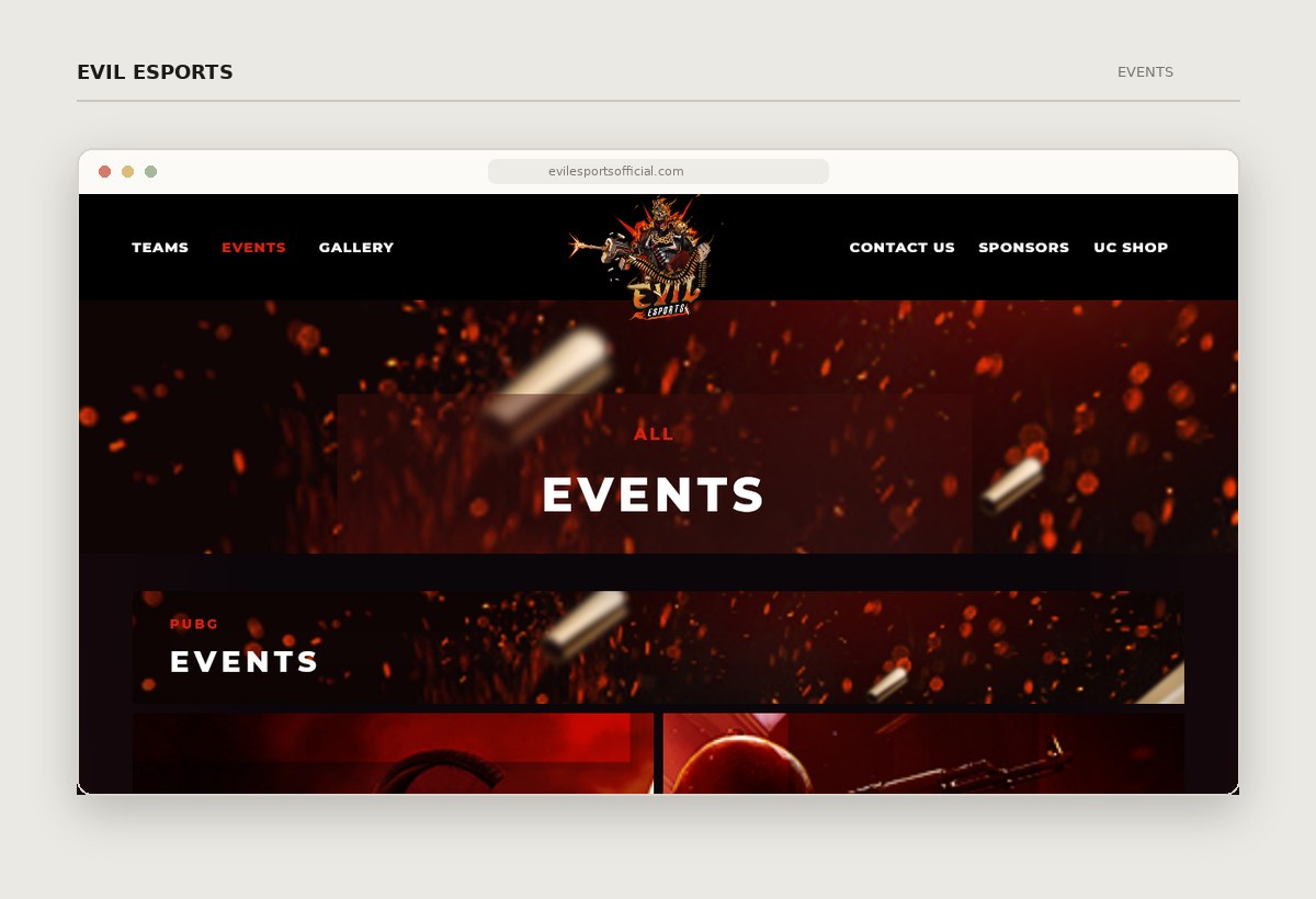 Evil Esports events page showing competitive gaming tournaments