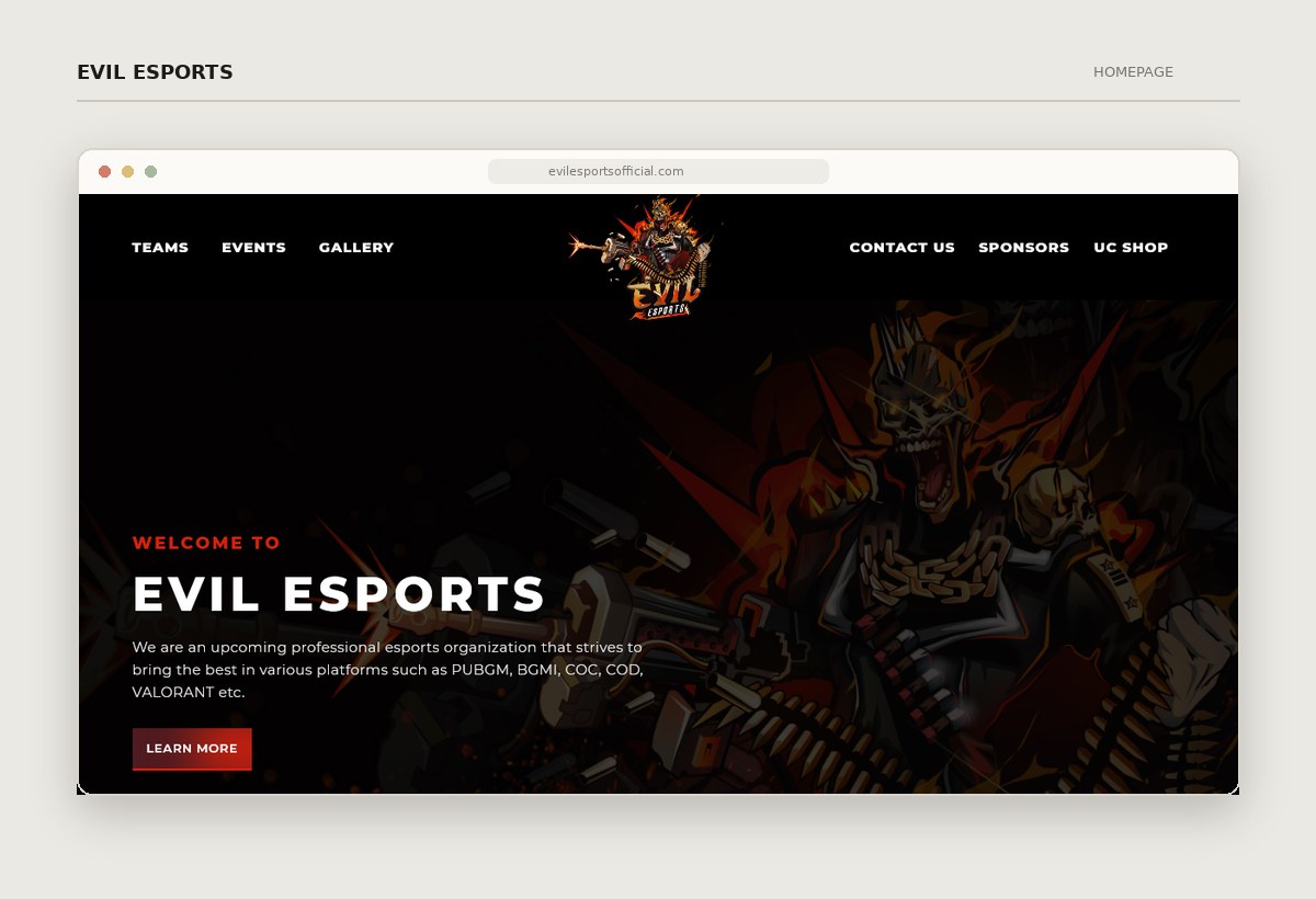 Homepage of the WordPress website designed and developed for Evil Esports