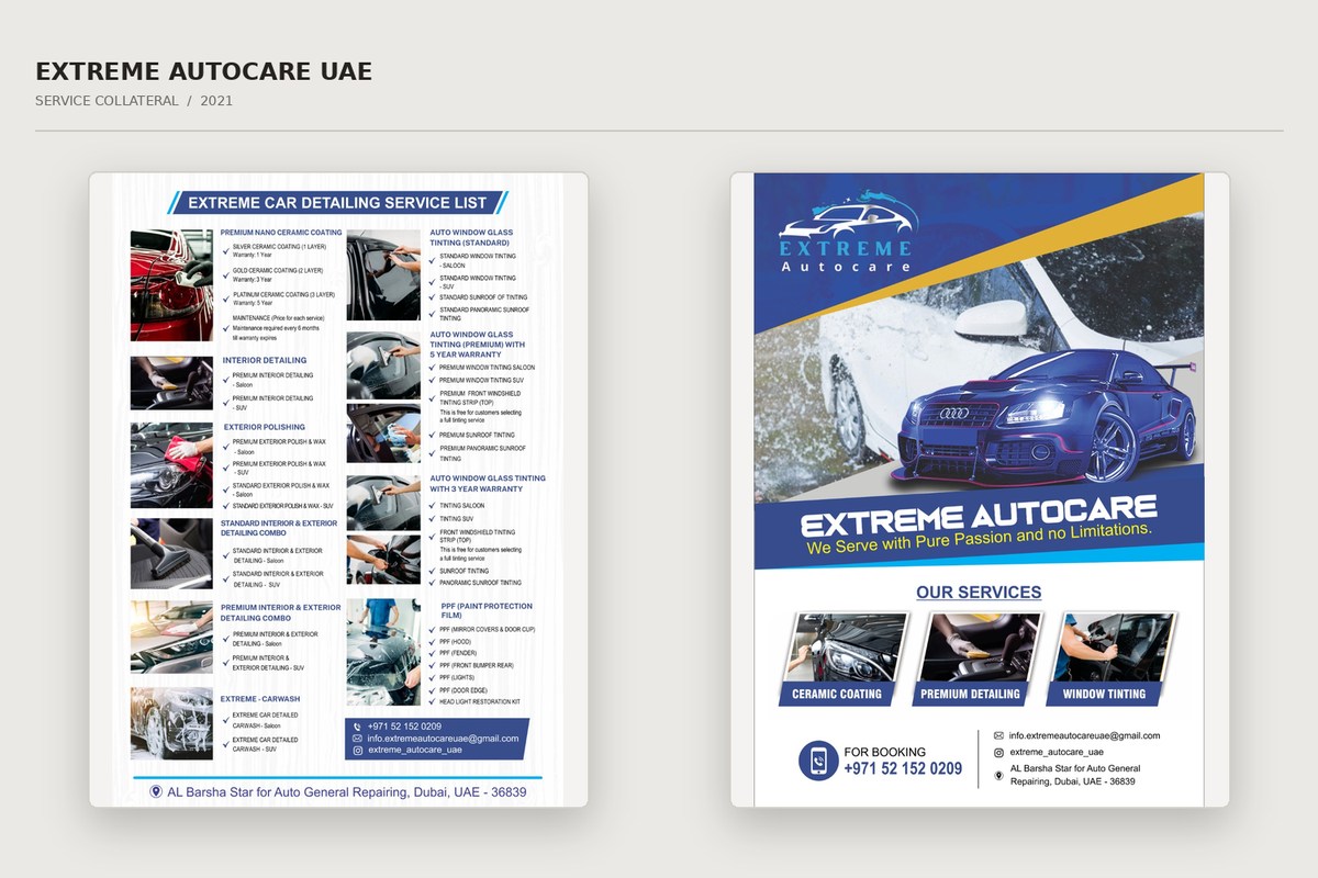 Extreme Autocare UAE printed detailing service list and promotional flyer shown as print mockups
