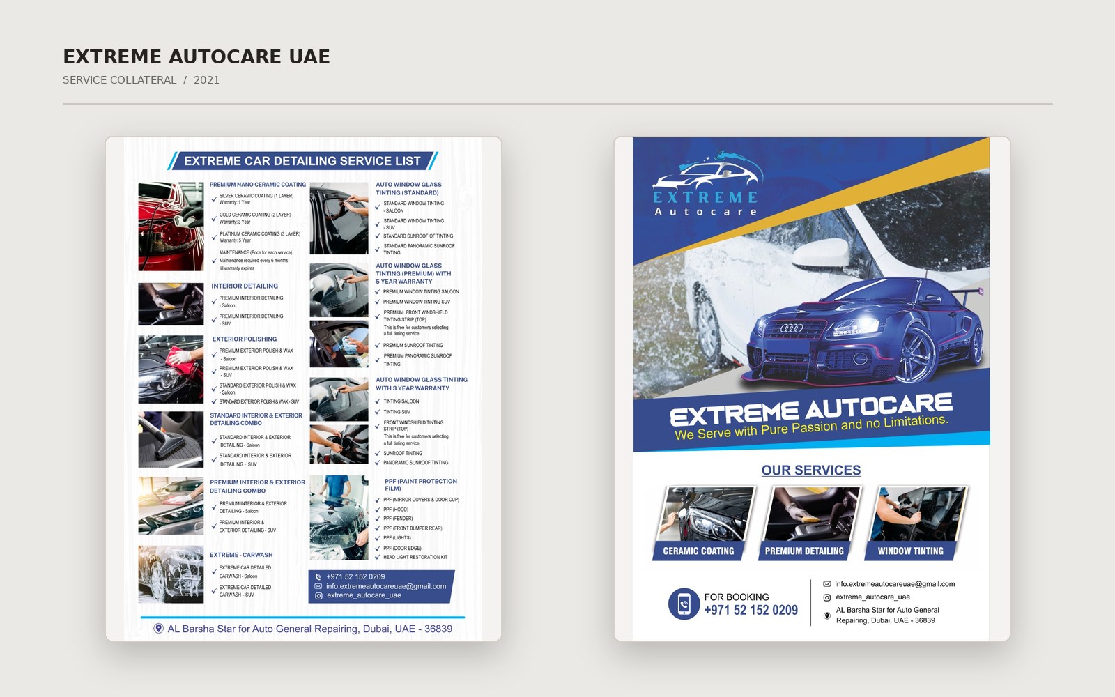 Extreme Autocare UAE printed detailing service list and promotional flyer shown as print mockups