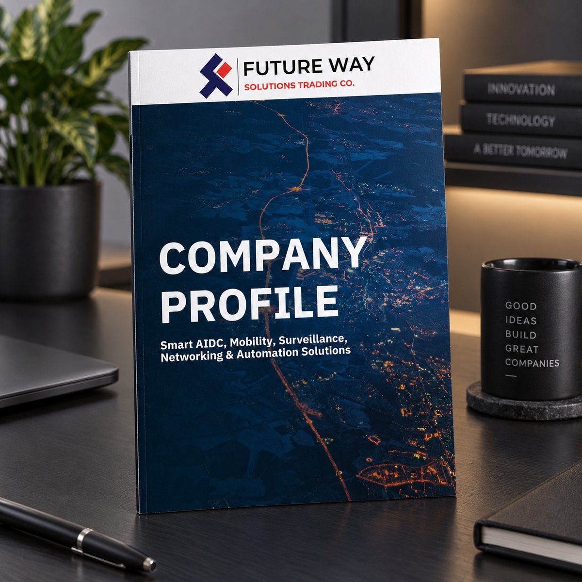 Fifteen-page bilingual company profile designed for Future Way Solutions, shown as a printed brochure standing on a desk