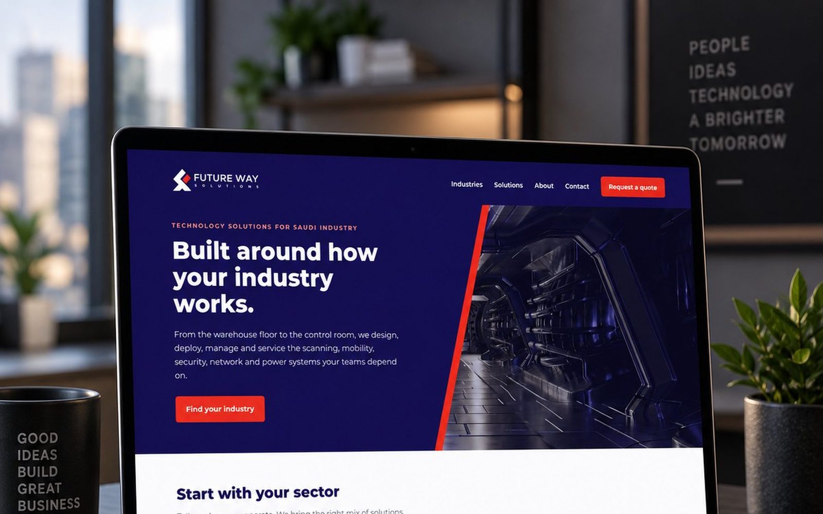 Future Way Solutions website designed and built for a Saudi technology company, shown on a laptop