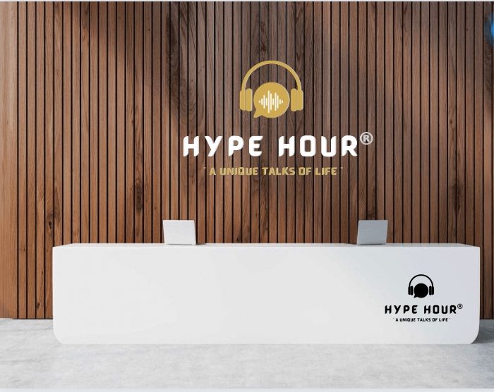 Hype Hour podcast logo in an office mockup