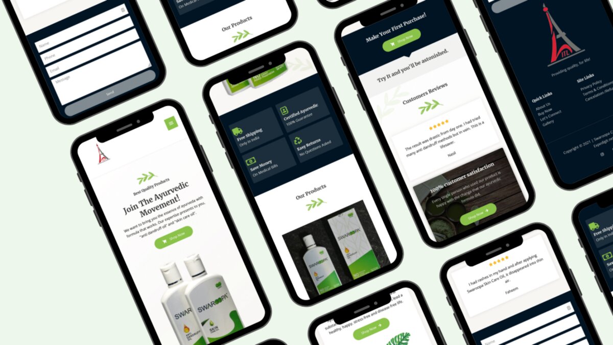 Mobile screens of the Swaroopa Care website, designed for small screens first
